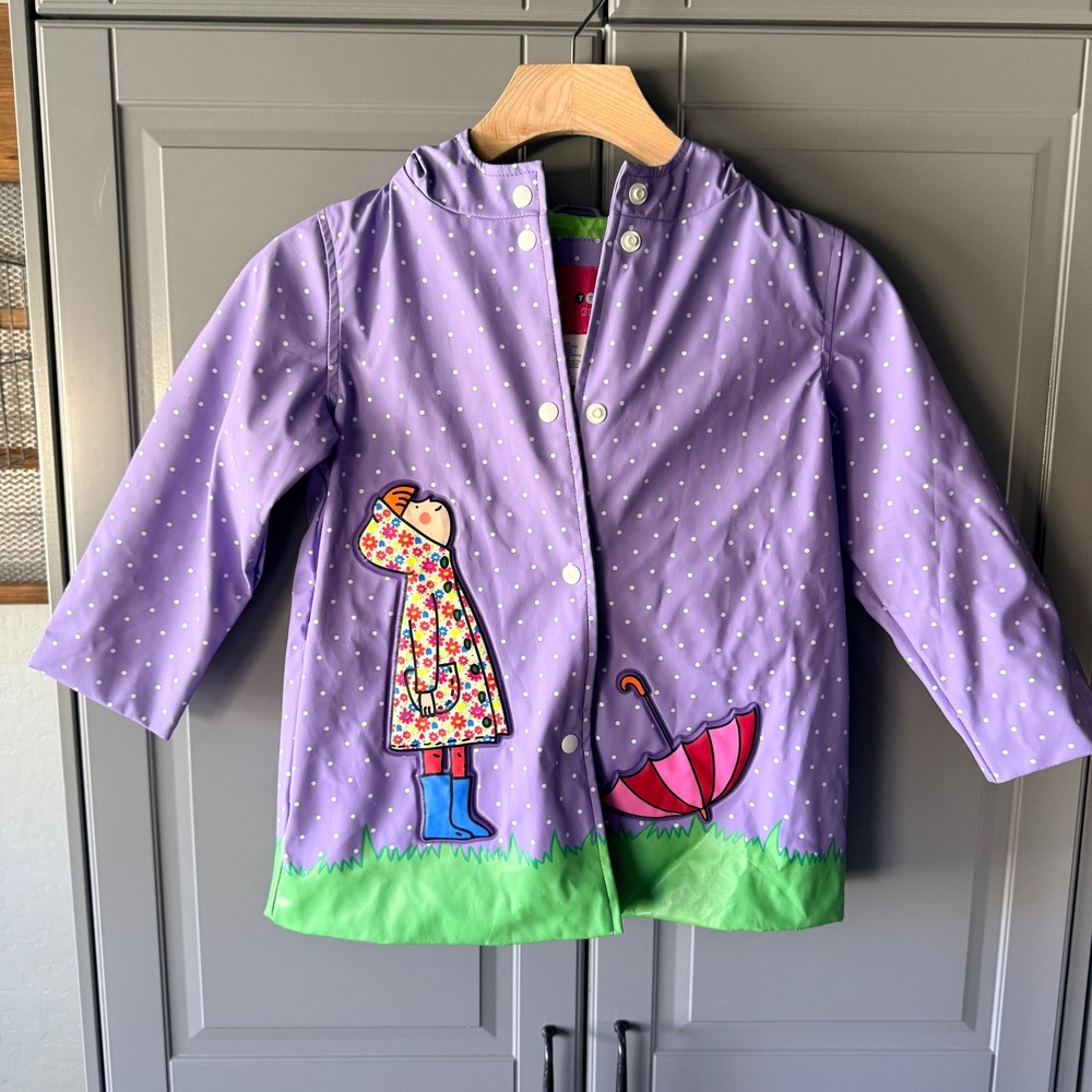 Wippette Vintage Kids Polka Dot Graphic Print Hooded Raincoat, Purple Green,4